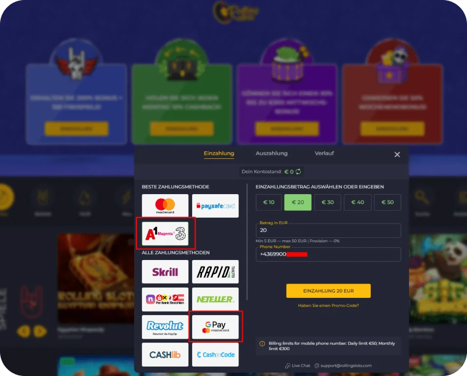 Rolling Slots handy Einzahlung